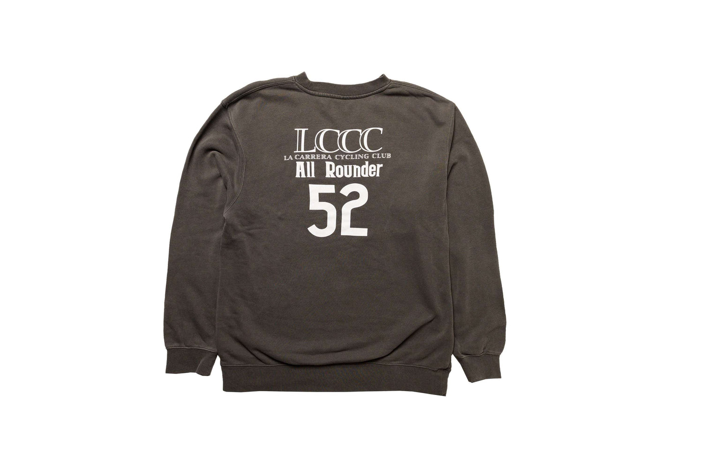 Back view of the crewneck laid flat, showing faded finish and stitching details