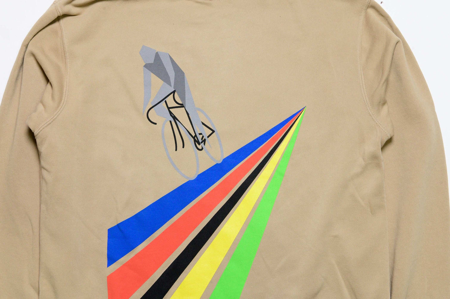 Close-up of the LCCC All-Rounder 64 back graphic on pigment-dyed crewneck sweater in brown sand