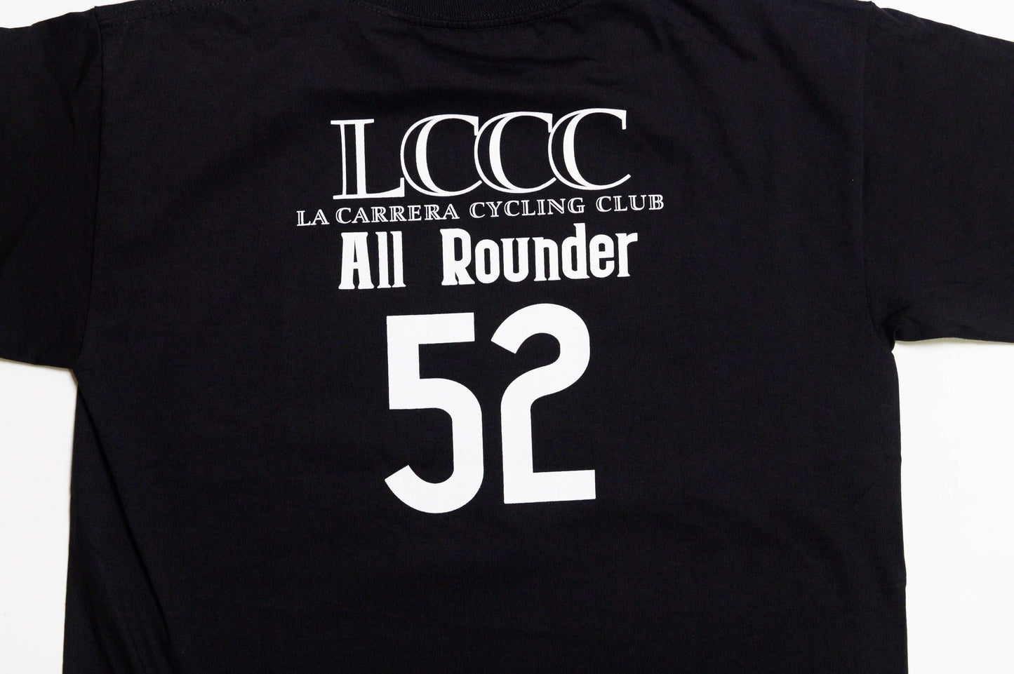 Back close-up of All-Rounder 52 graphic on black LCCC tee