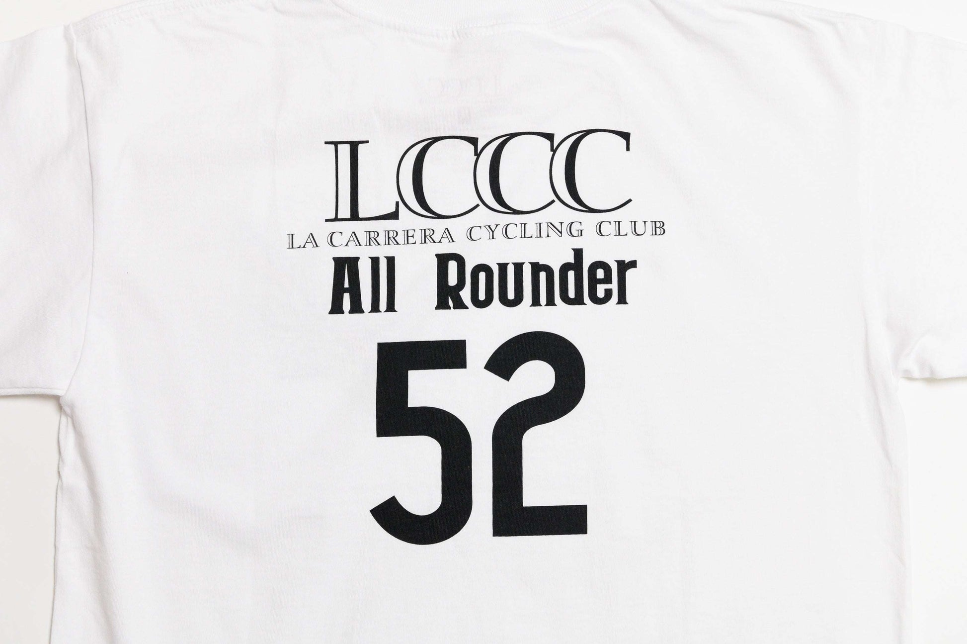 Back view close-up of LCCC All-Rounder 52 graphic on white tee 