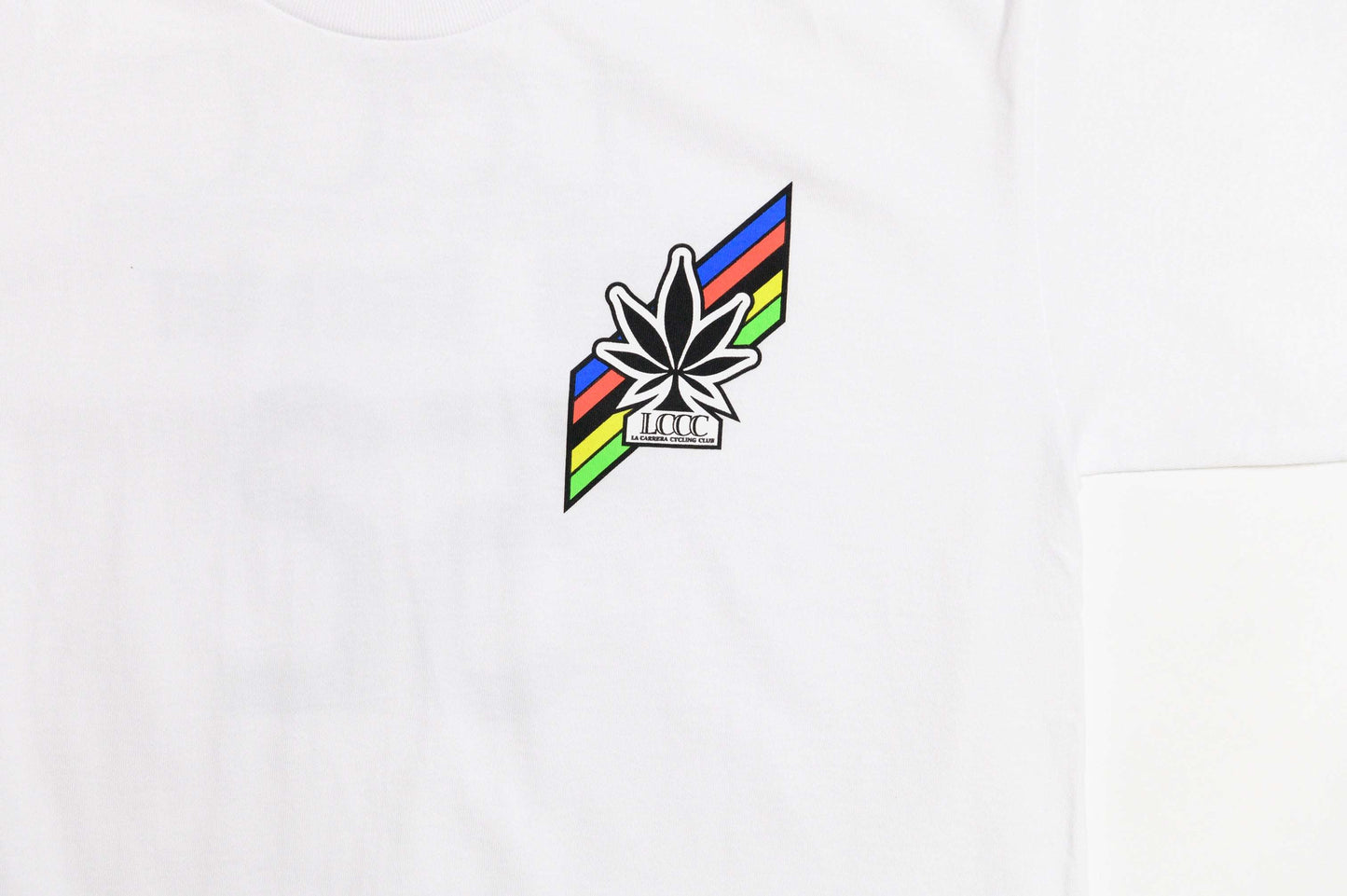 LCCC All-Rounder 52 white tee, front view close-up with graphic print