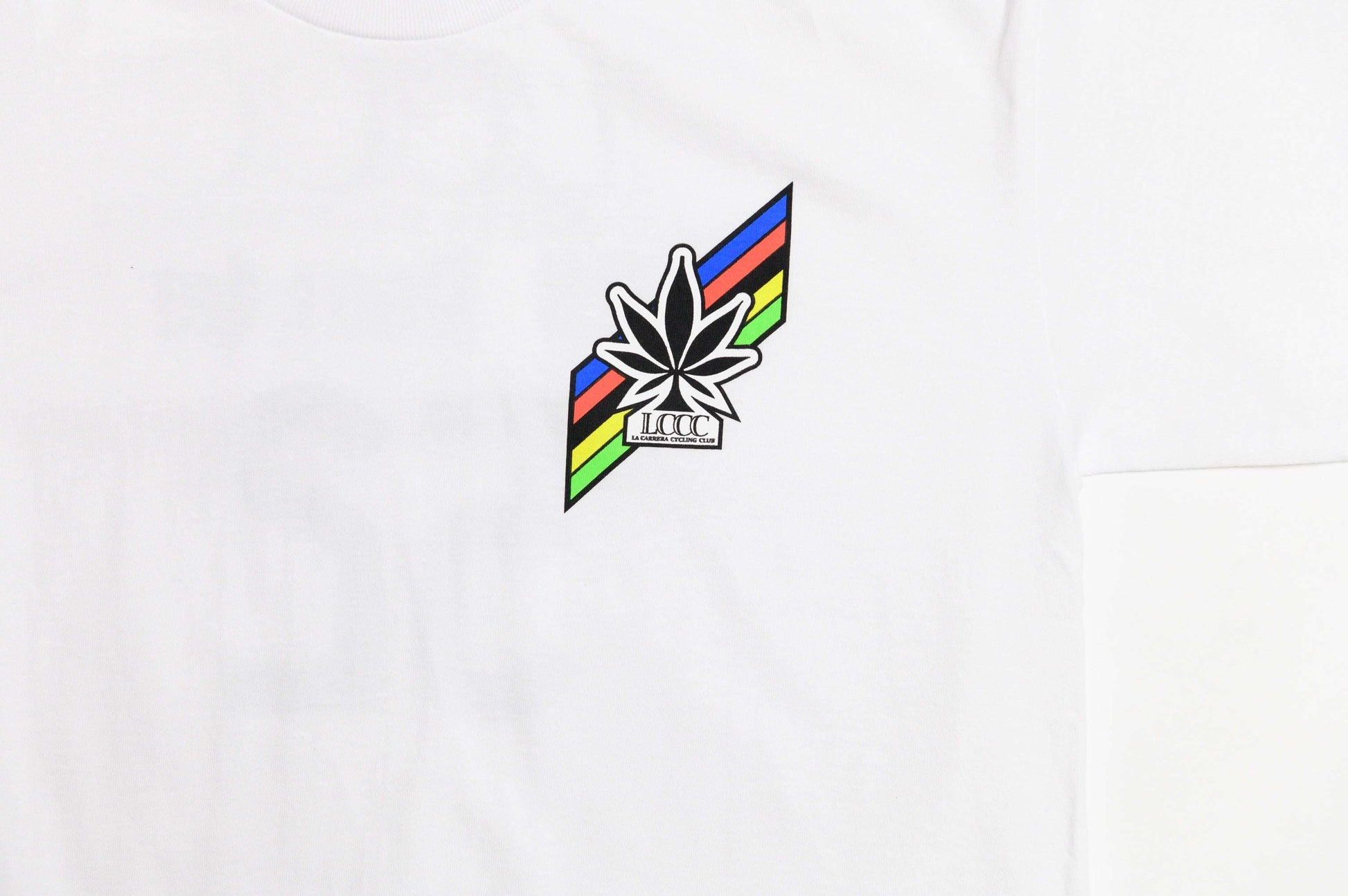 LCCC All-Rounder 52 white tee, front view close-up with graphic print