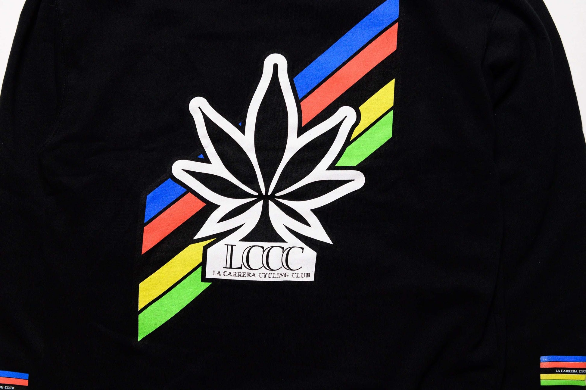 Detail shot of back graphic and small hits on the hoodie’s sleeve