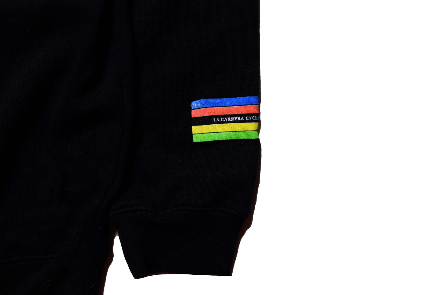 Detail shot of graphic hit on the hoodie’s sleeve