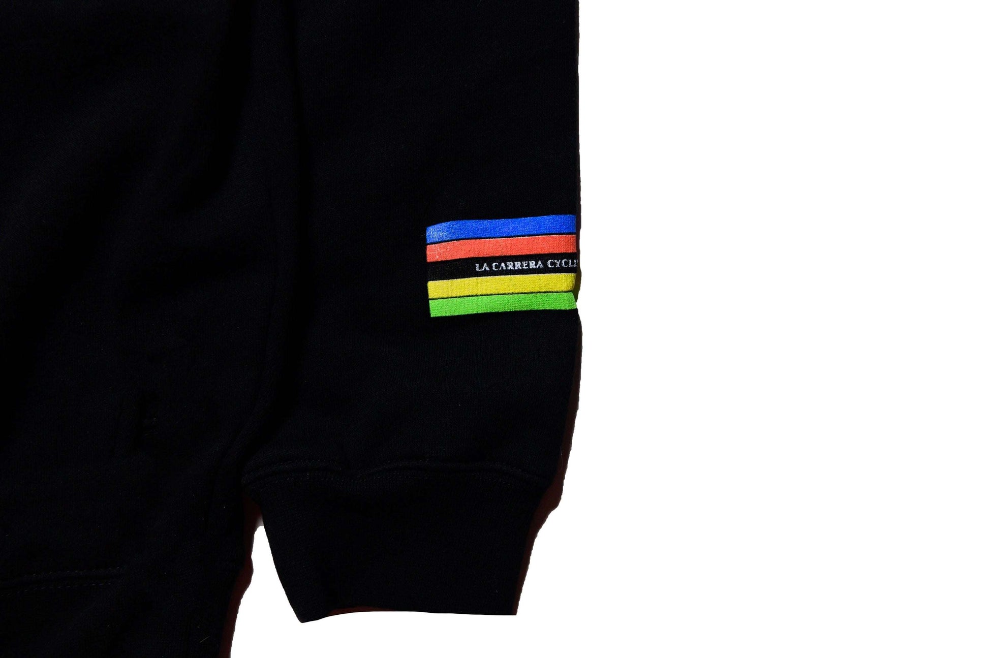 Detail shot of graphic hit on the hoodie’s sleeve