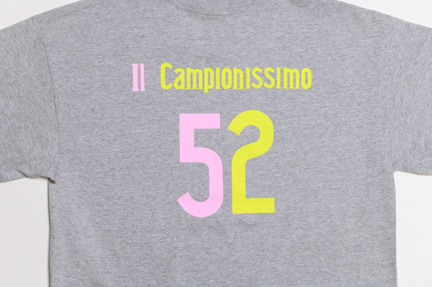 Close-up of back view of LCCC Il Campionissimo tee in Gray