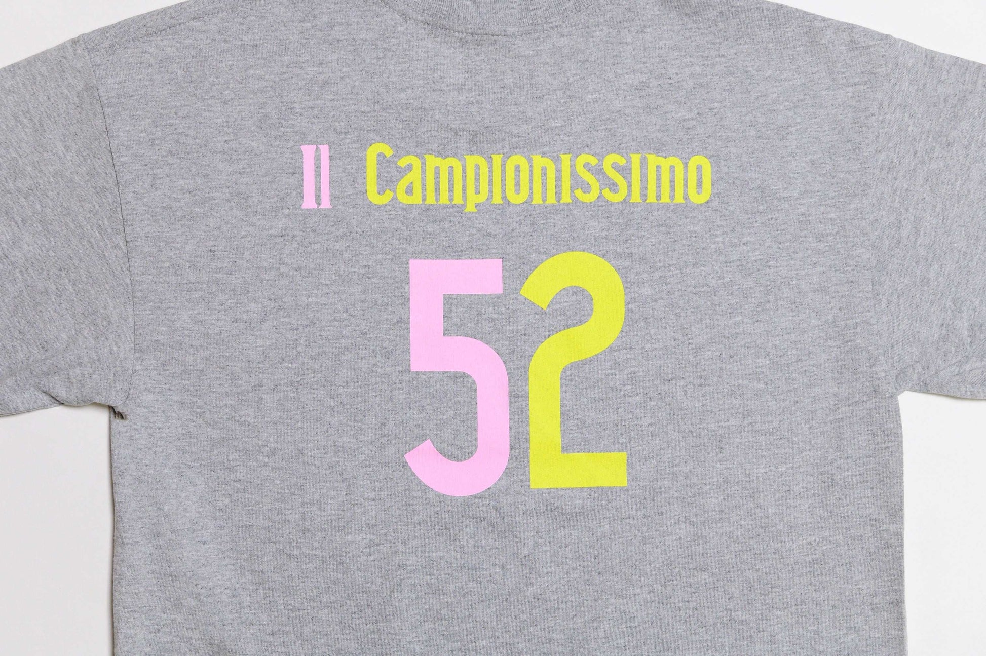 Close-up of back view of LCCC Il Campionissimo tee in Gray
