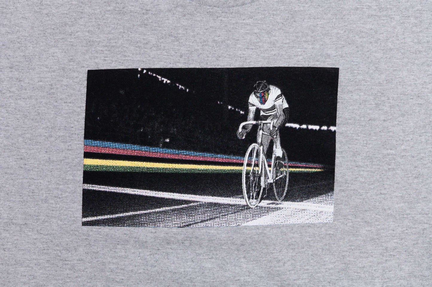 LCCC Il Campionissimo gray tee, zoom close-up front view with vintage cycling-inspired print