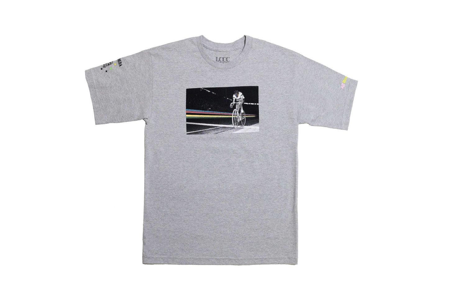 LCCC Il Campionissimo gray tee, front view with vintage cycling-inspired print