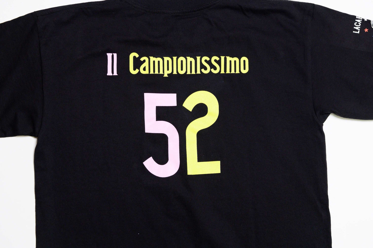 Close-up of back graphic print and soft texture on Il Campionissimo tee by LCCC