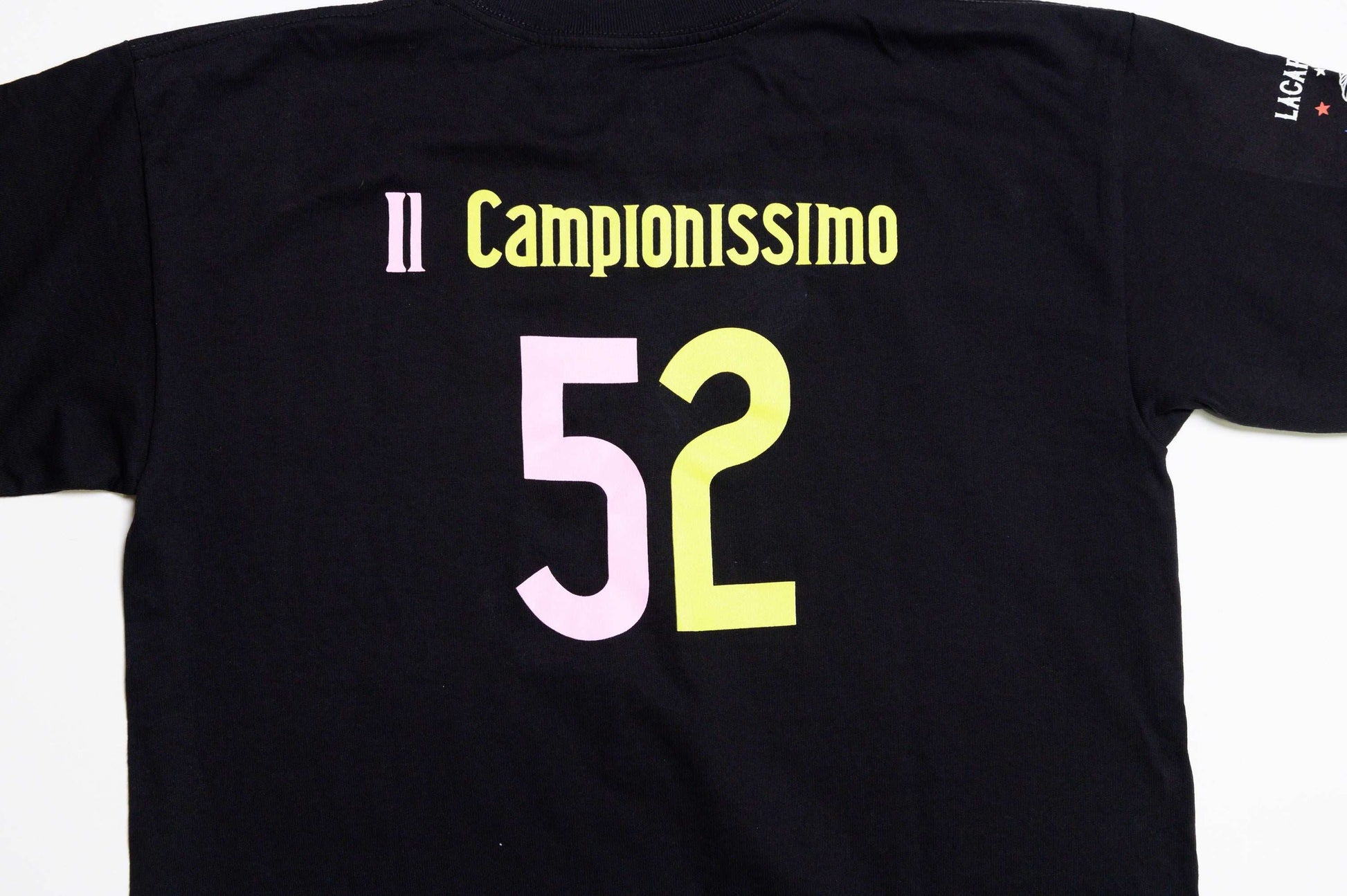Close-up of back graphic print and soft texture on Il Campionissimo tee by LCCC