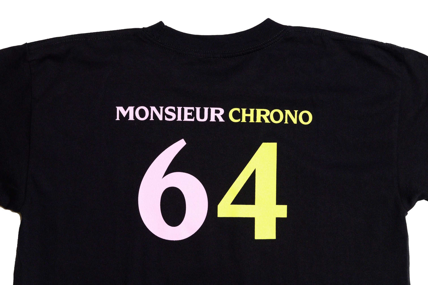 Close-up back view of Monsieur Chrono tee by LCCC in black