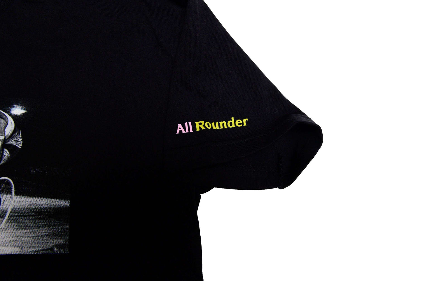 LCCC Monsieur Chrono tee in black close up sleeve hit highlighting  fabric and graphic