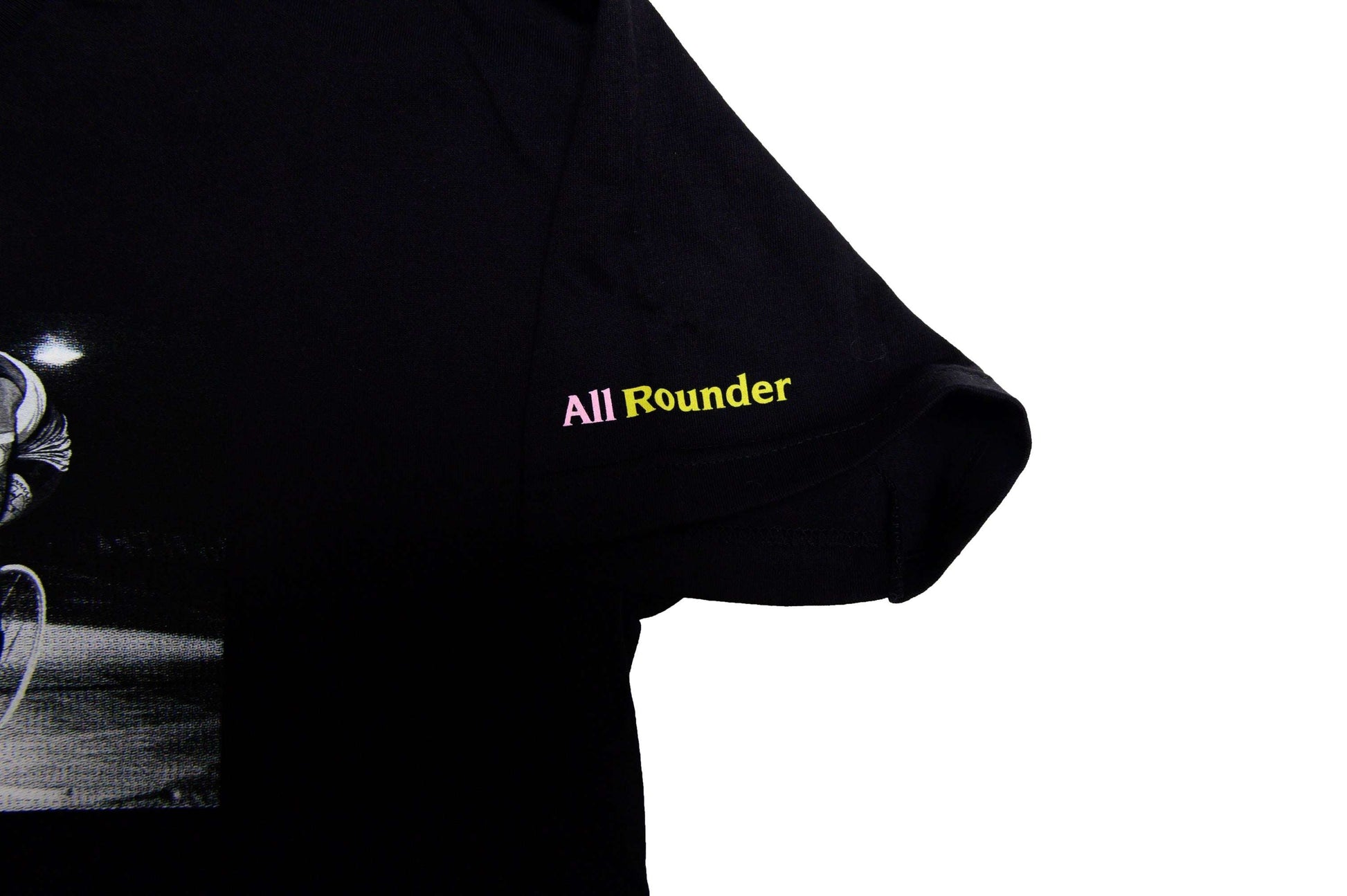 LCCC Monsieur Chrono tee in black close up sleeve hit highlighting  fabric and graphic