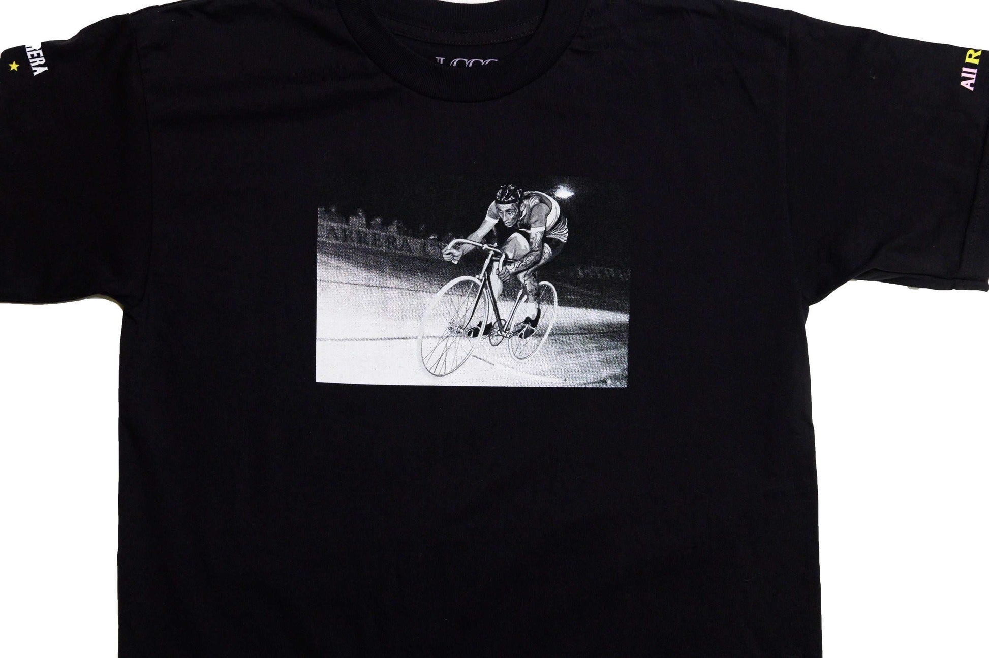 Close-up of Monsieur Chrono print detail on charcoal grey tee by LCCC