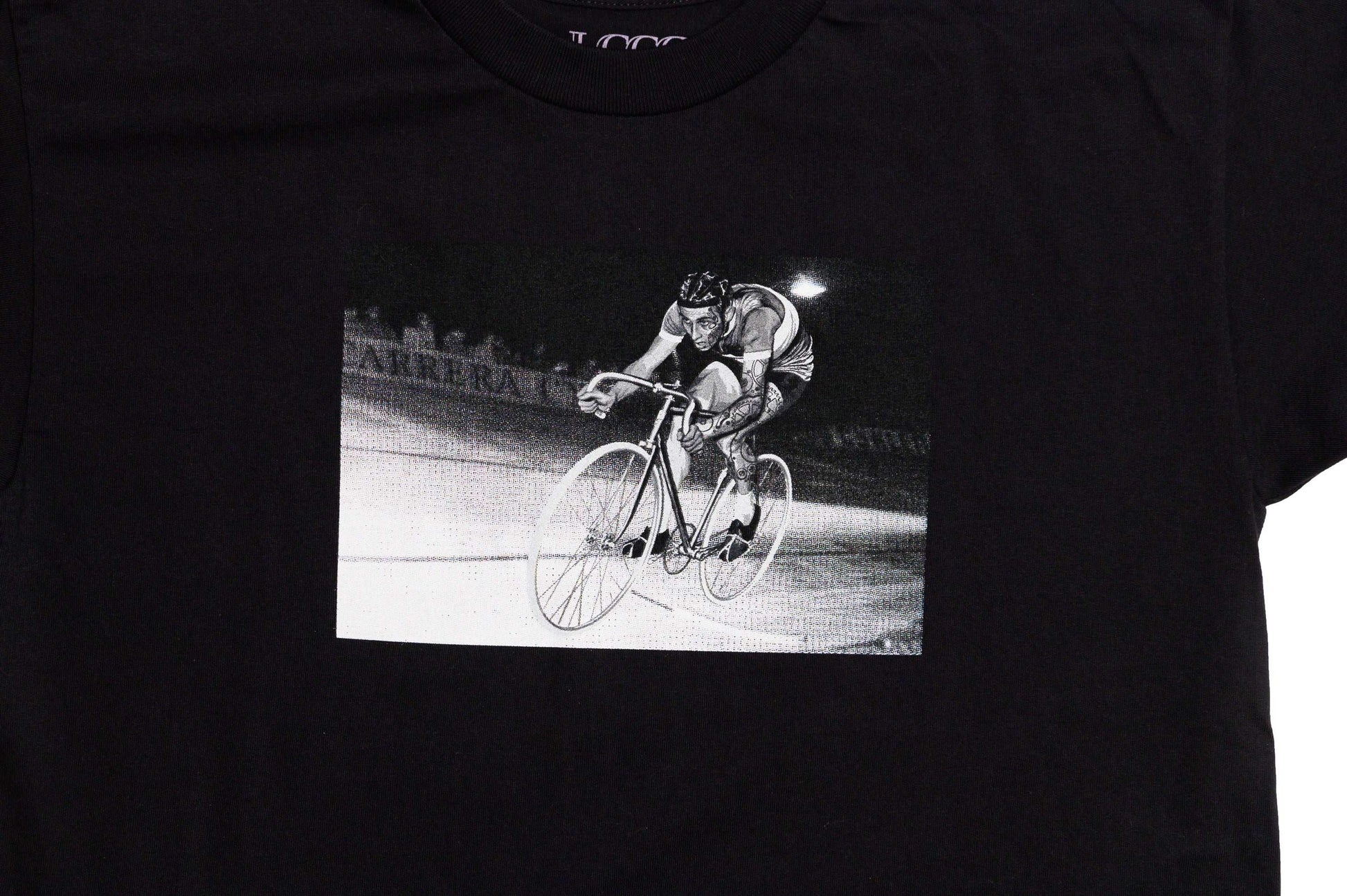 Zoom close-up of Monsieur Chrono print detail on charcoal grey tee by LCCC