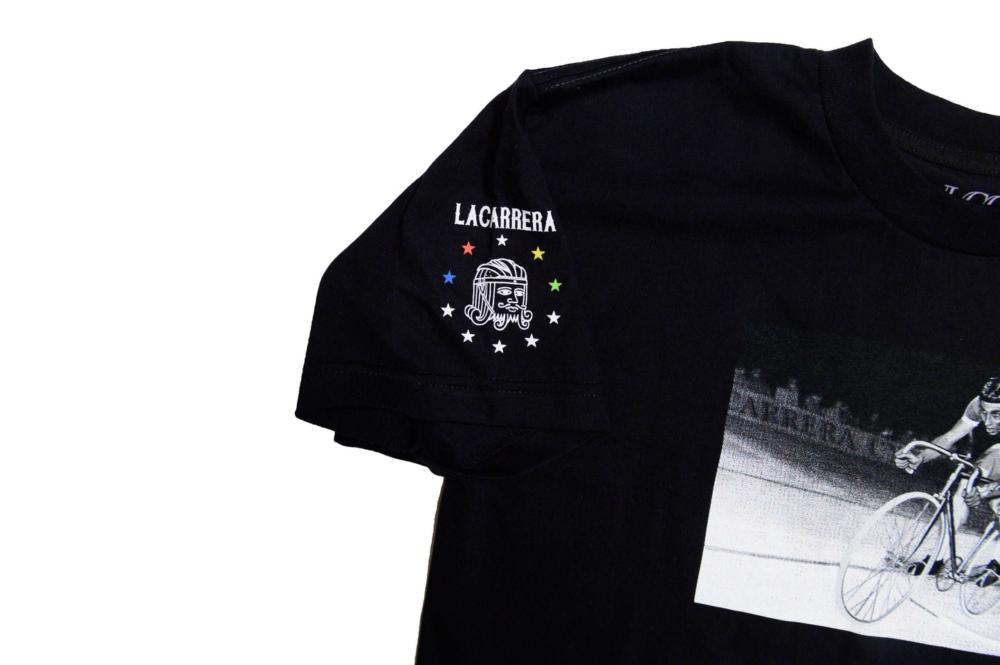 LCCC Monsieur Chrono tee in black close up sleeve hit highlighting  fabric and graphic