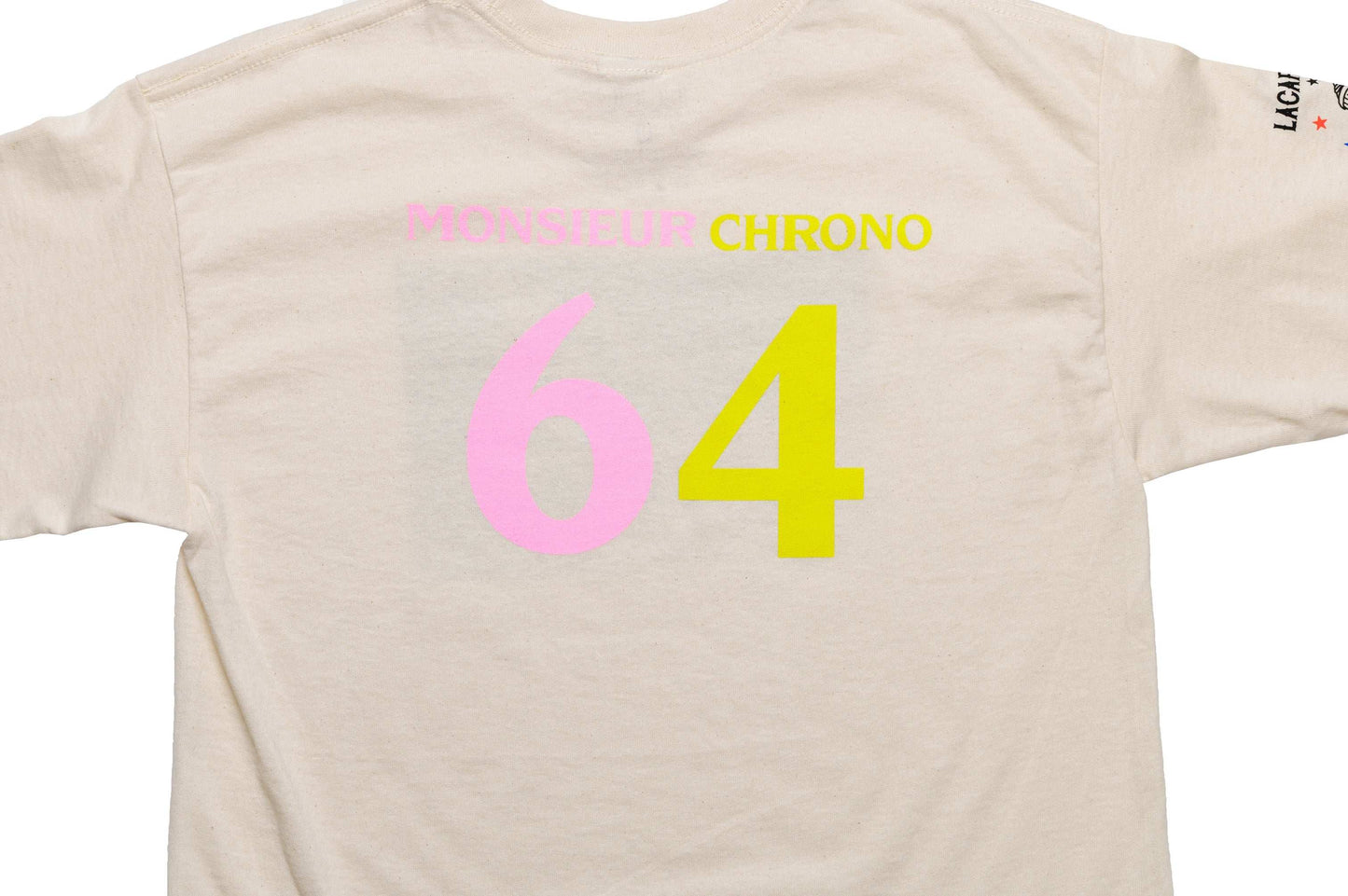 Close-up of back view of Monsieur Chrono tee by LCCC in white/oatmeal