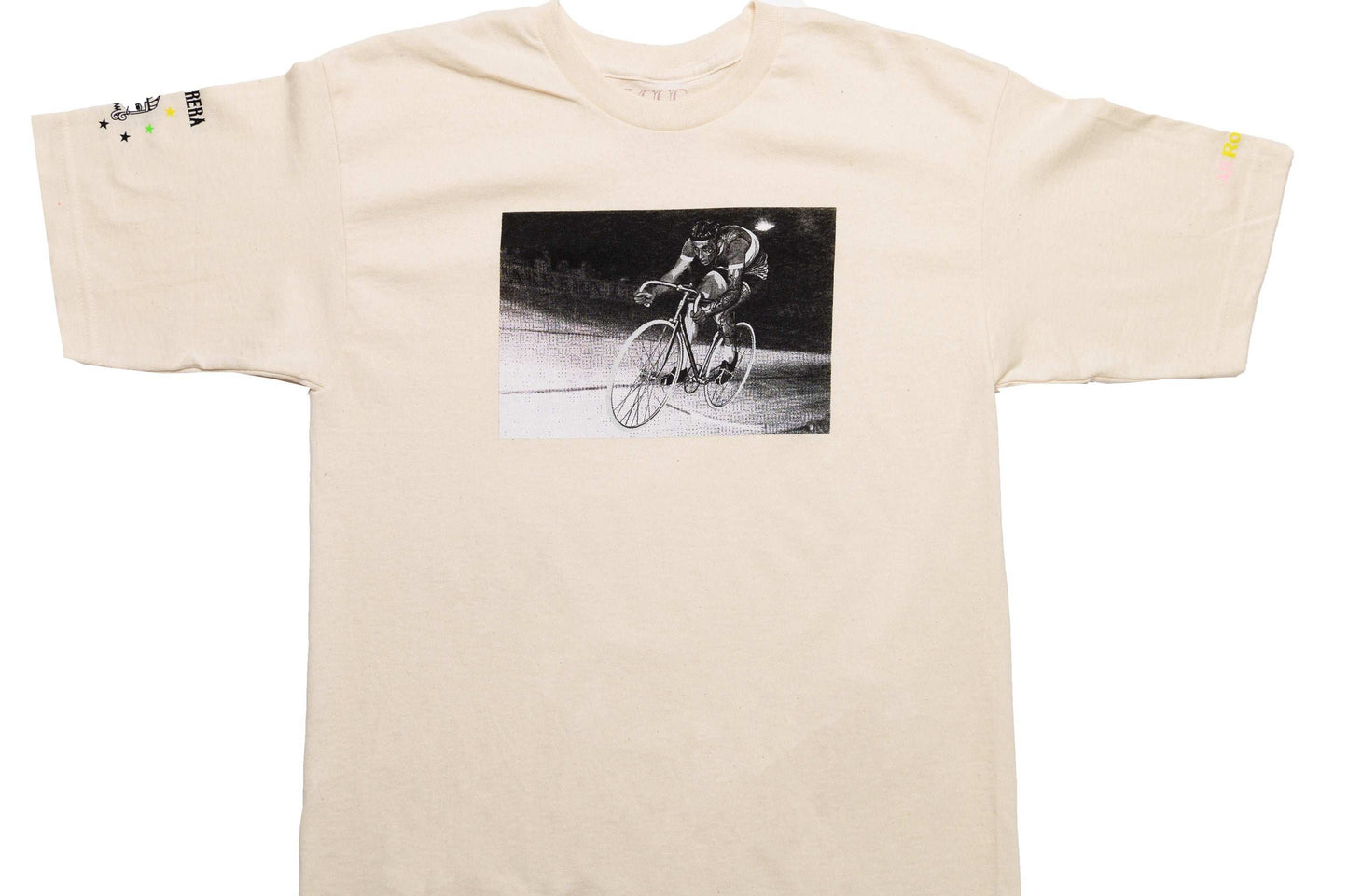 Close-up of Monsieur Chrono print detail on white/oatmeal tee by LCCC