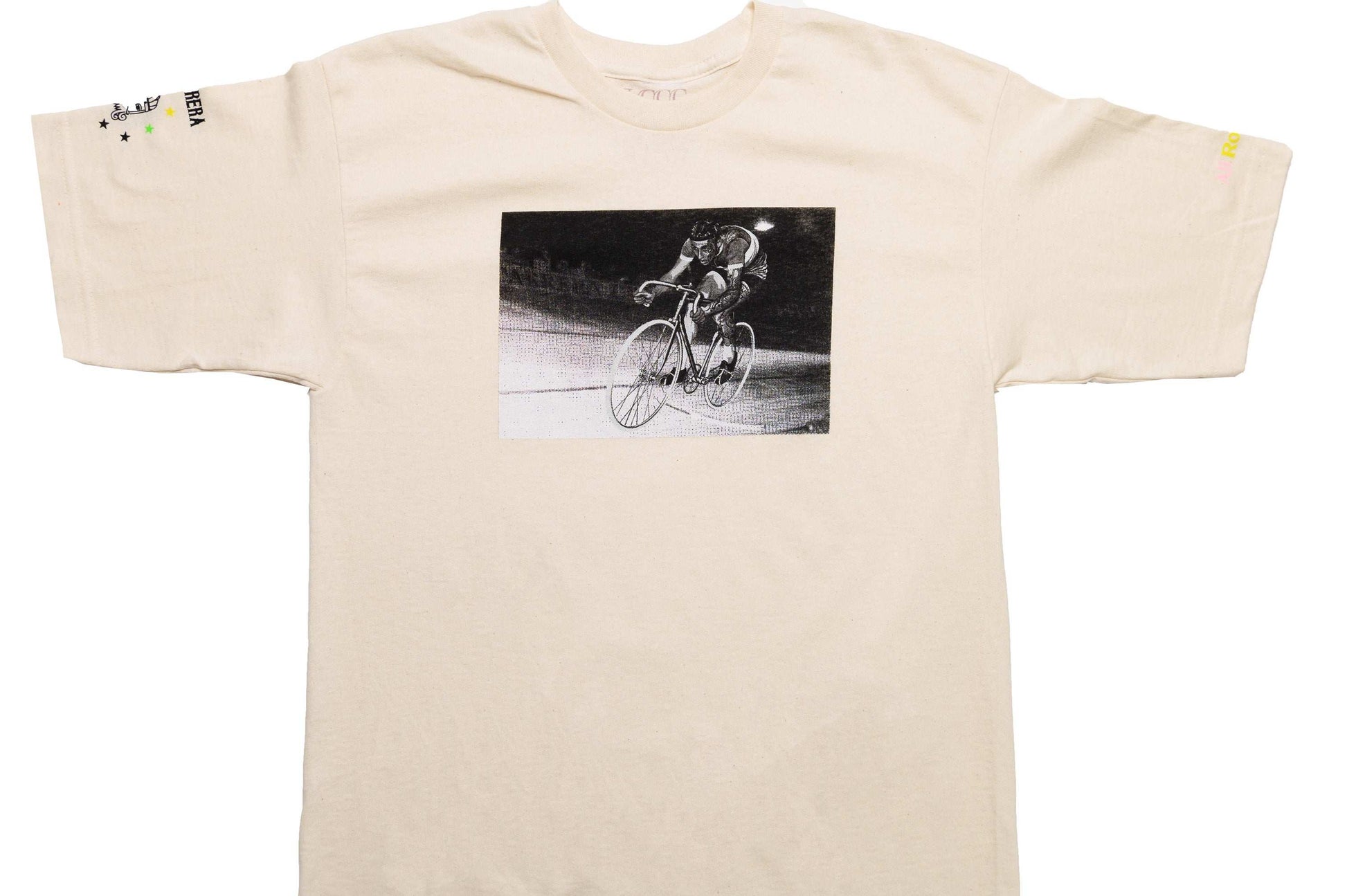 Close-up of Monsieur Chrono print detail on white/oatmeal tee by LCCC