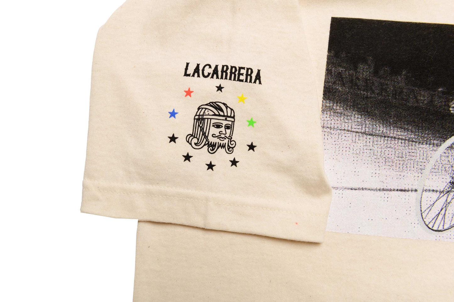 Close-up of Monsieur Chrono print sleeve detail on white/oatmeal tee by LCCC