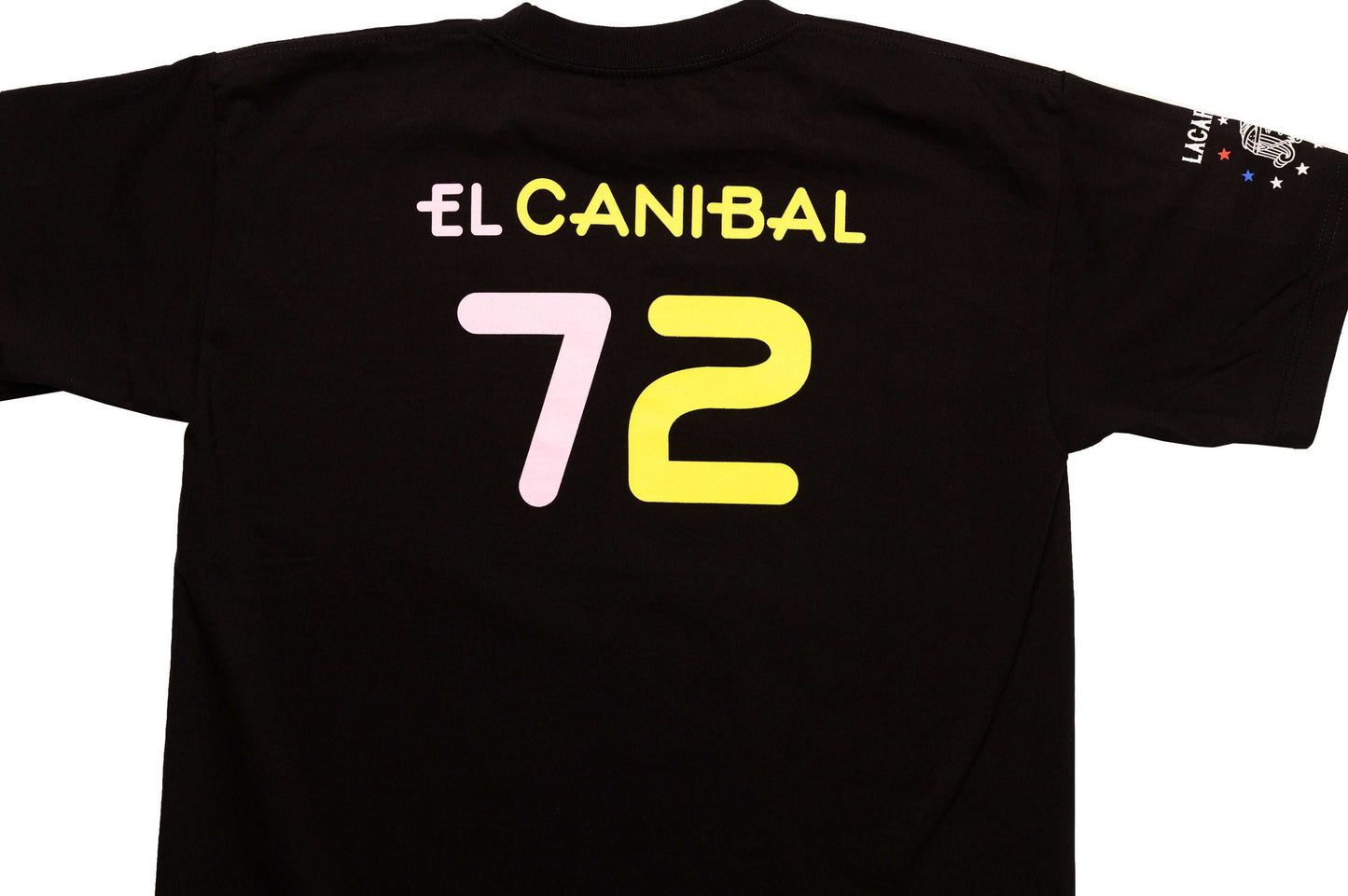 Close-up back view of LCCC The Cannibal tee in black