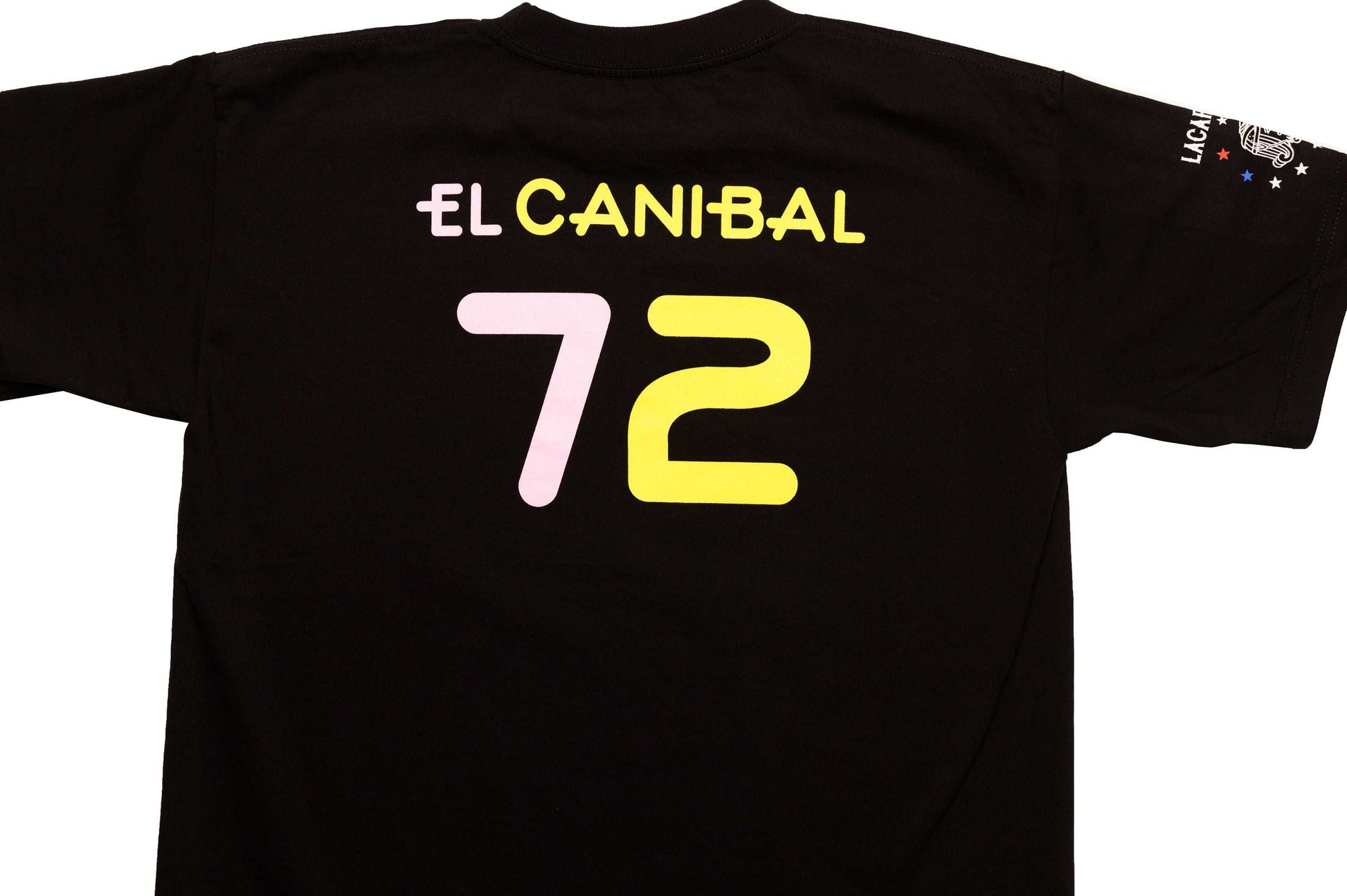 Close-up back view of LCCC The Cannibal tee in black