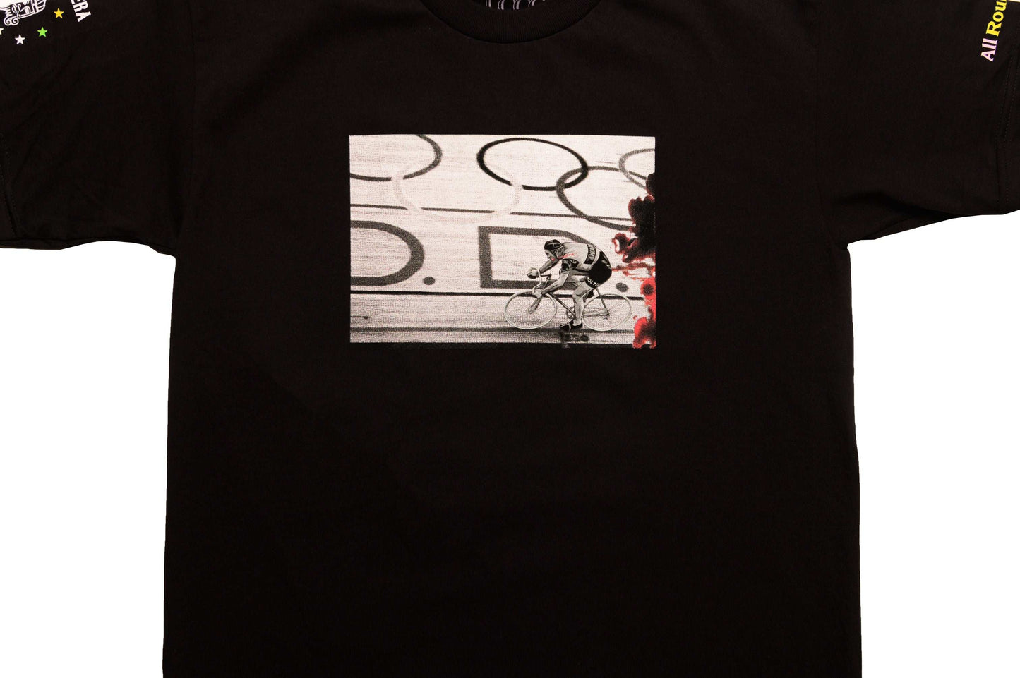 Close-up of The Cannibal print design on LCCC black tee