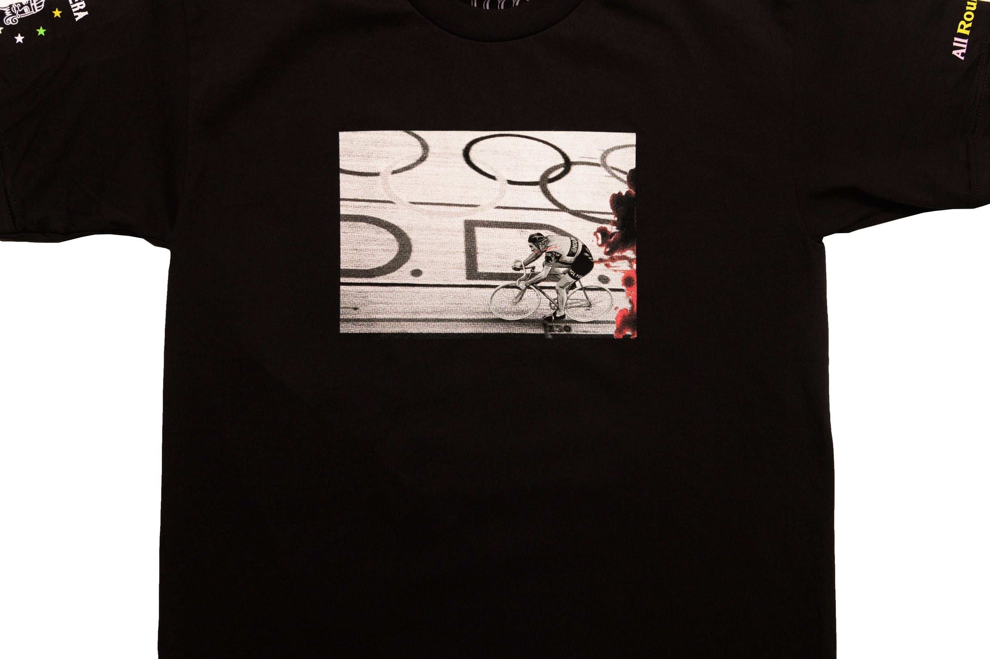 Close-up of The Cannibal print design on LCCC black tee