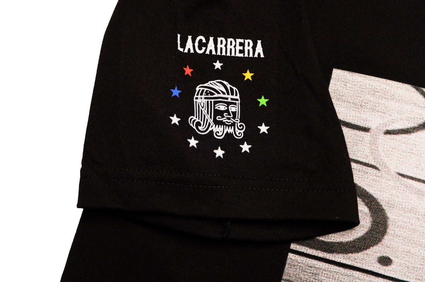 Folded view of The Cannibal black tee by LCCC showing sleeve graphic and fabric 