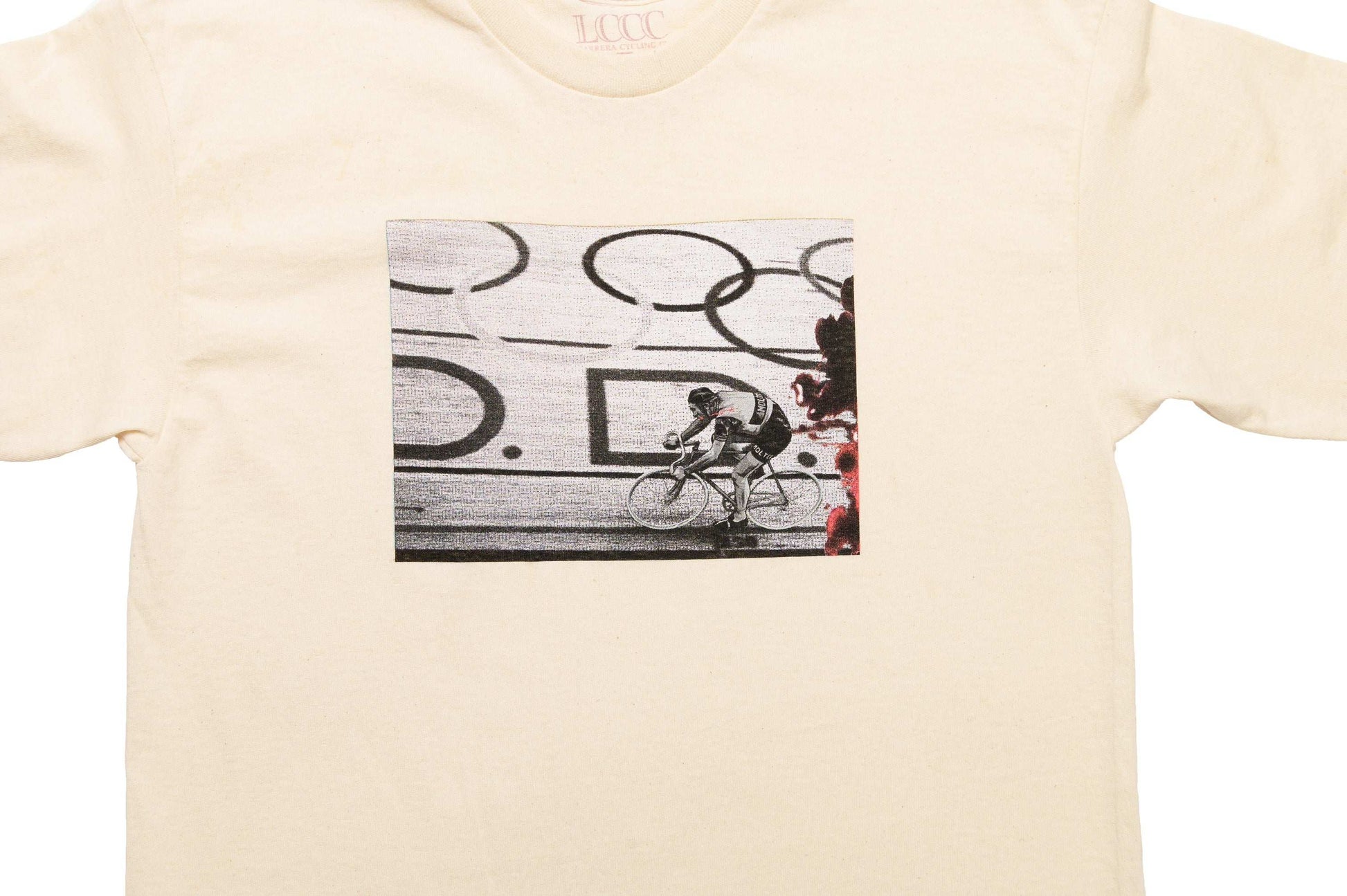 Close-up of The Cannibal print design on white LCCC tee