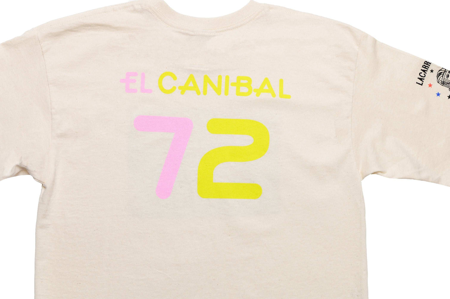 Close-up back view of LCCC The Cannibal tee in white-oatmeal