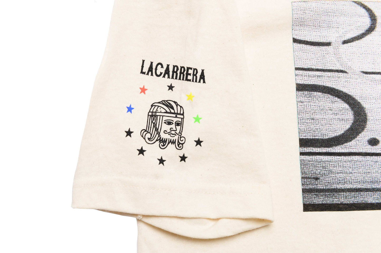 Sleeve view of LCCC The Cannibal tee in white/oatmeal showing graphic and fabric
