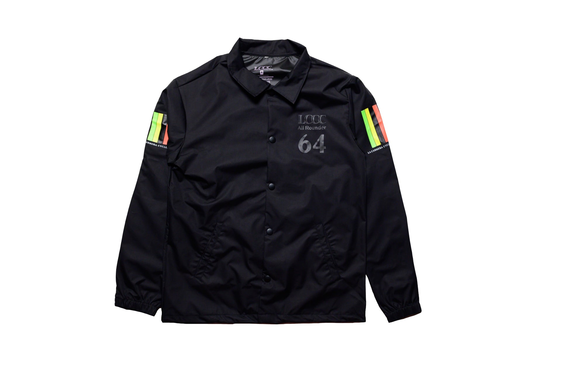 Front view of LCCC Master Chrono reflective coaches jacket in black, showing buttons and reflective detailing
