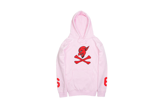 LCCC Fallen Angel pink pullover hoodie, front view with red-black graphic print