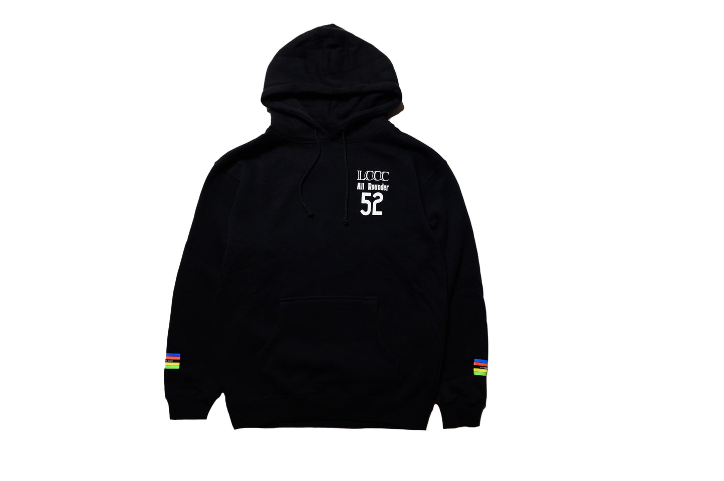 Front view of LCCC Heavyweight Champion PO Hoodie in black, featuring bold front graphic and drawstring hood