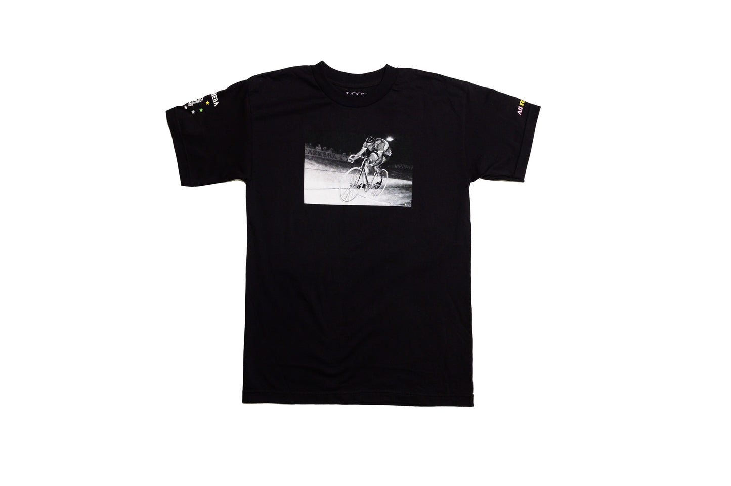LCCC Monsieur Chrono black tee, front view with bold typographic print