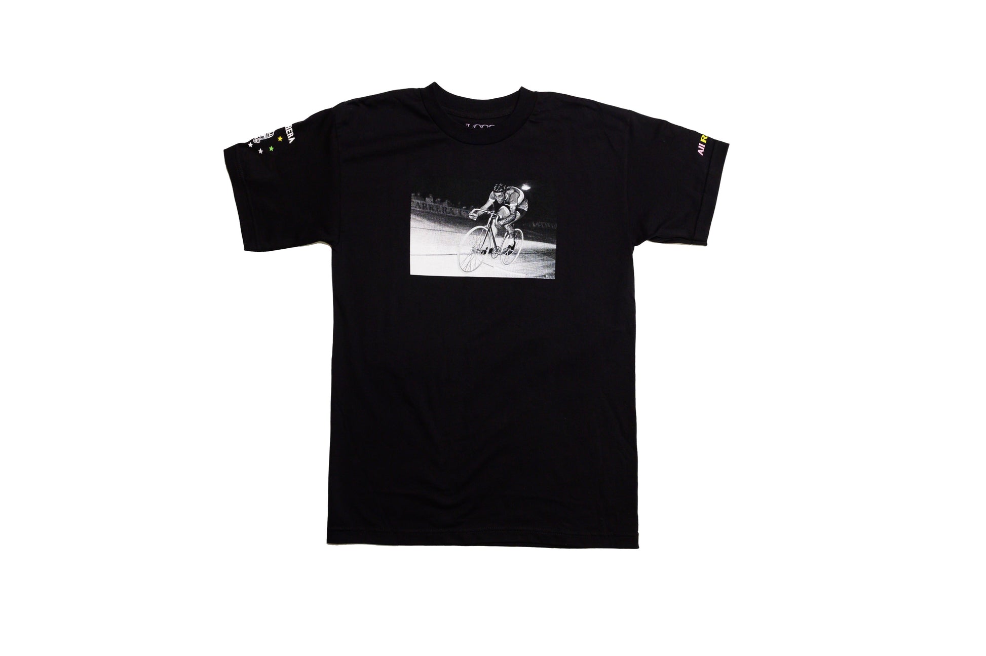 LCCC Monsieur Chrono black tee, front view with bold typographic print