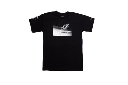 LCCC Monsieur Chrono black tee, front view with bold typographic print