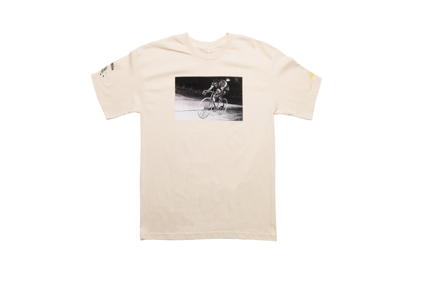 LCCC Monsieur Chrono white/oatmeal tee, front view with bold typographic print