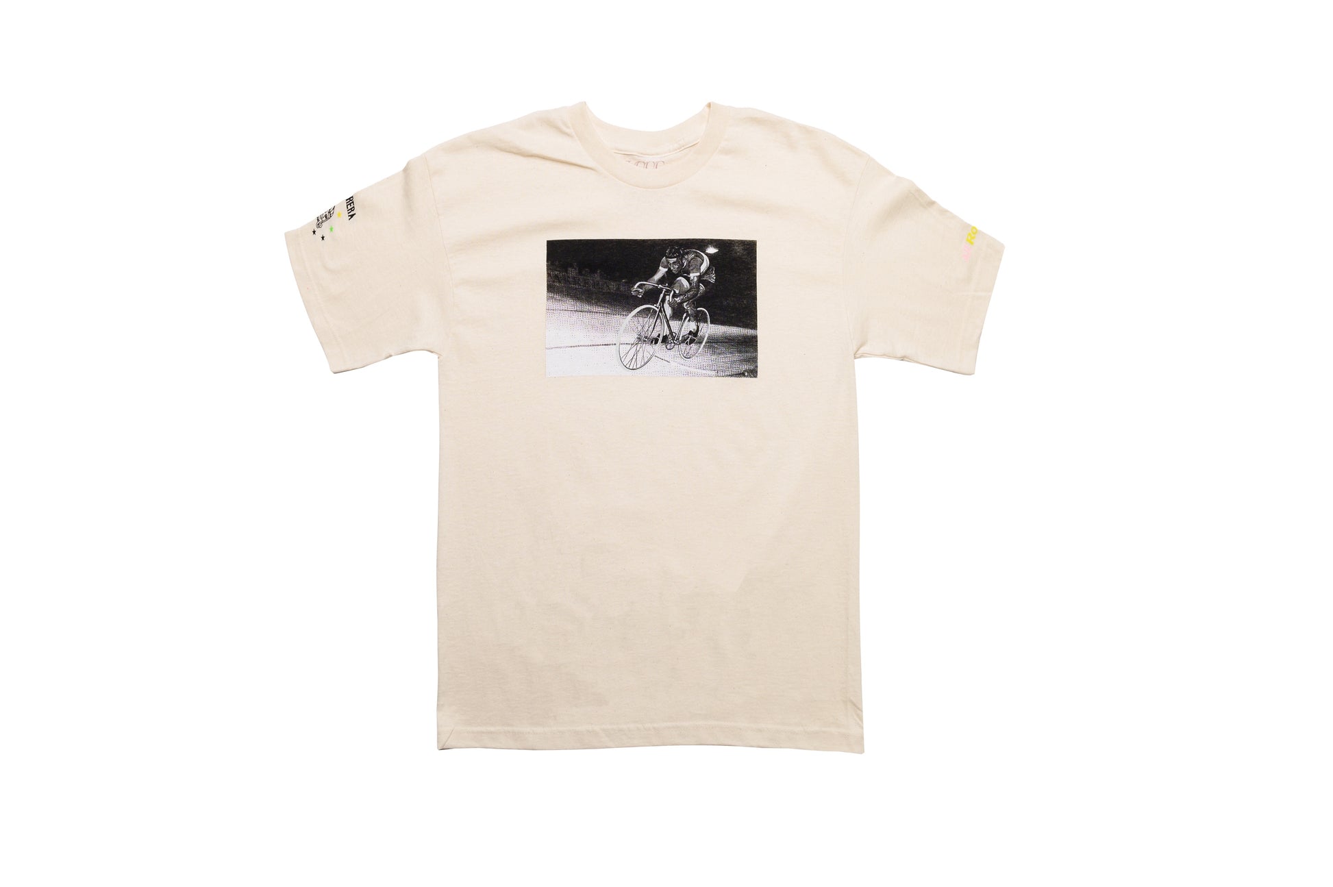 LCCC Monsieur Chrono white/oatmeal tee, front view with bold typographic print