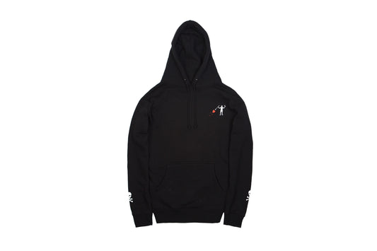LCCC Pirata black pullover hoodie, front view with white graphic print