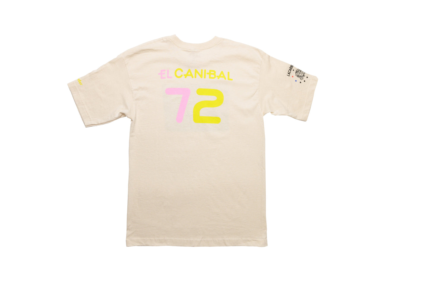 Back view of LCCC The Cannibal tee in white-oatmeal