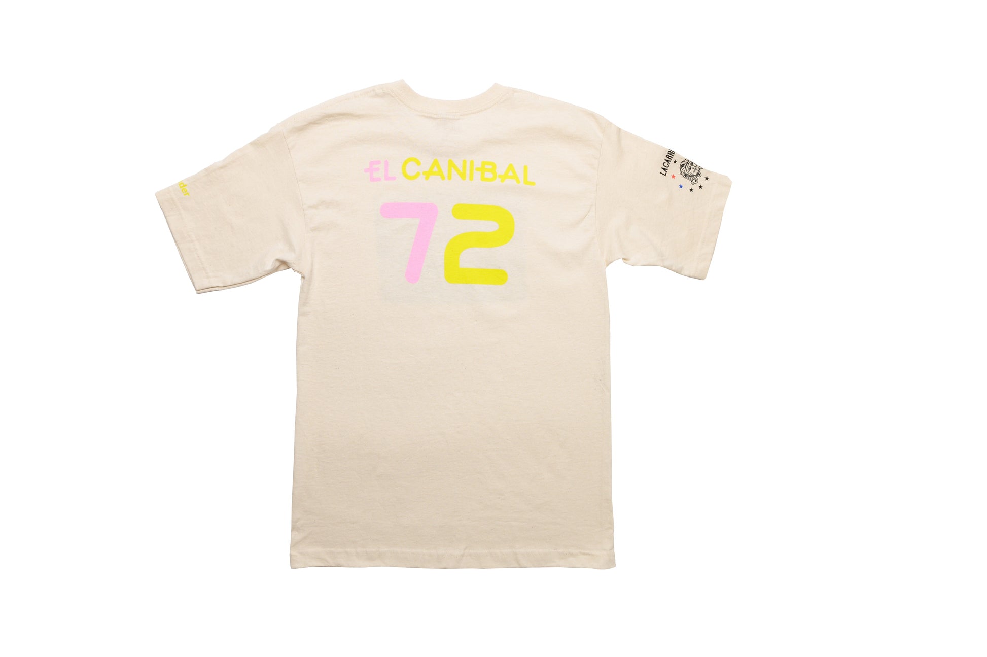 Back view of LCCC The Cannibal tee in white-oatmeal